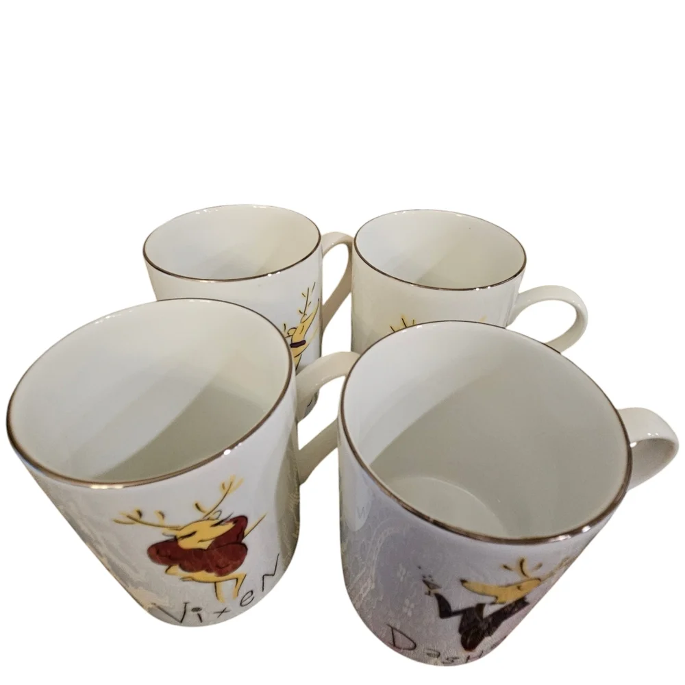 Pottery Barn Santa Reindeer Mugs, Set of 4, Dasher Dancer Prancer Vixen